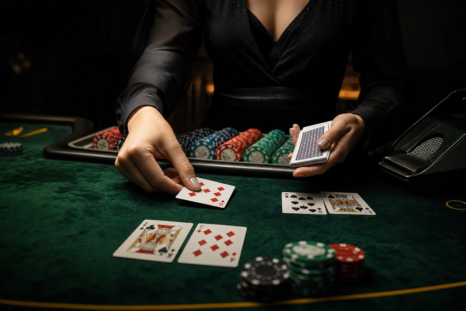 Nahaufnahme eines Blackjack-Tisches, an dem Karten von einer eleganten Dealerhand ausgeteilt werden