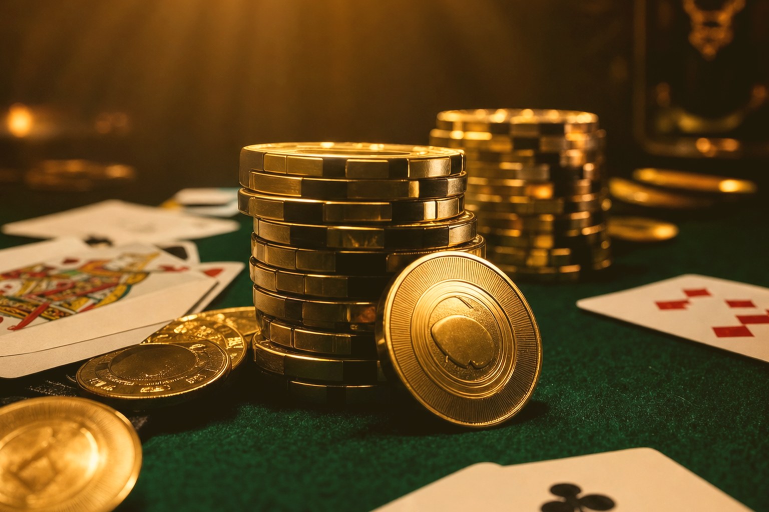 Goldene Pokerchips und Münzen neben Spielkarten auf grünem Casino-Filztisch