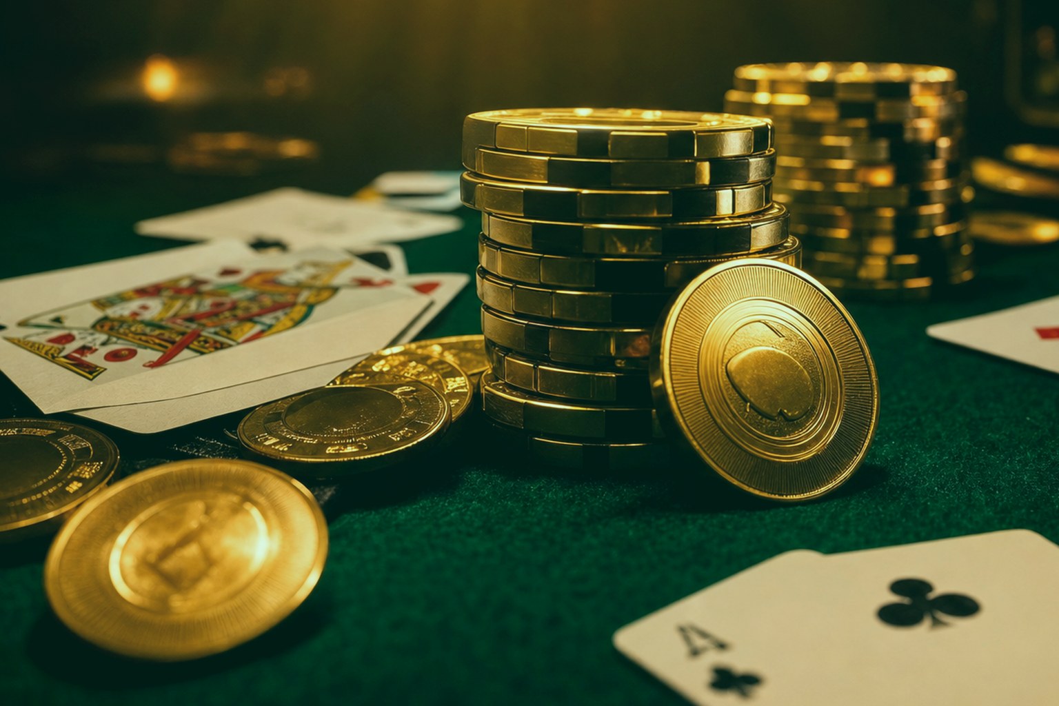 Goldene Pokerchips und Münzen neben einer Königin- und Bube-Spielkarte auf grünem Filz