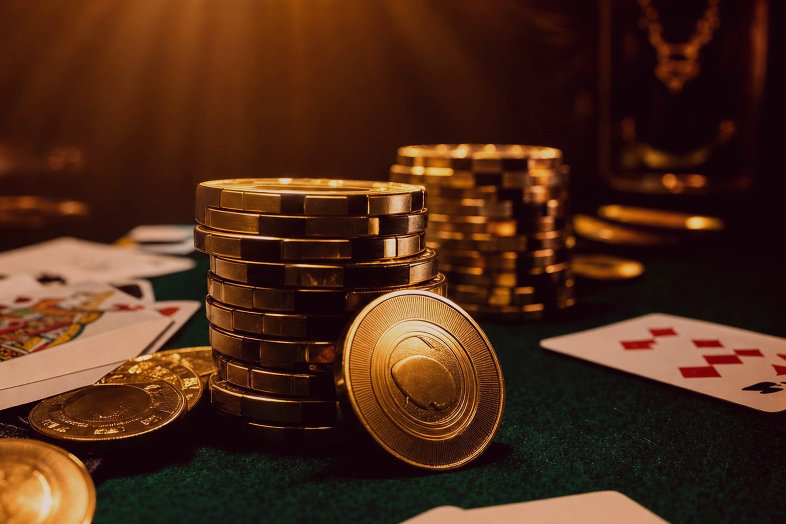 Hochwertige Stapel goldener Pokerchips und Münzen neben Spielkarten auf grünem Casino-Filz