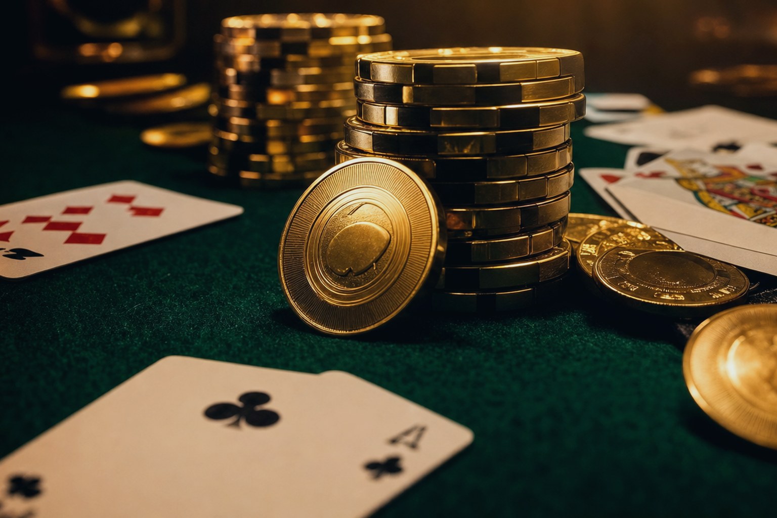 Goldene Pokerchips und Münzen zwischen Spielkarten auf grünem Filz, im Vordergrund eine Kreuz-Ass-Karte