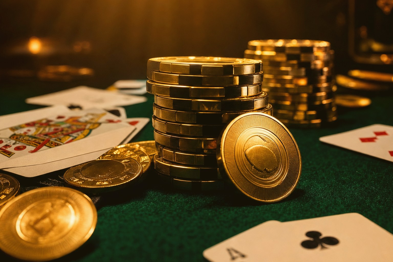 Gestapelte goldene Pokerchips und Münzen neben Spielkarten auf grünem Filz