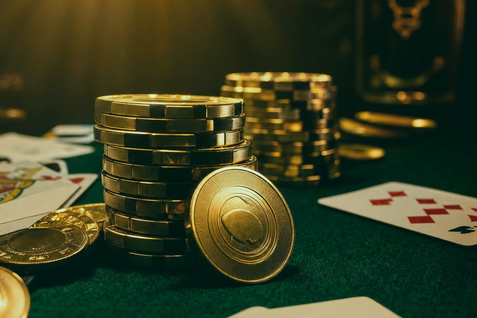 Goldene Pokerchips und Bonusmünzen auf grünem Casino-Filz mit Spielkarten im Hintergrund
