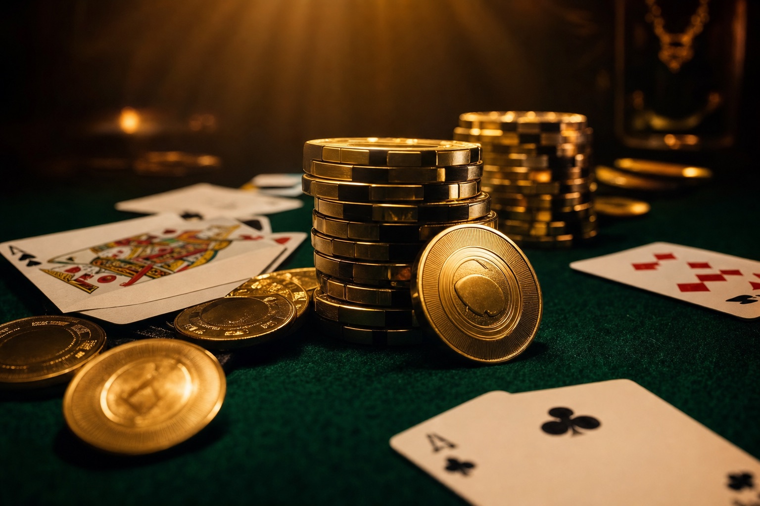 Gestapelte goldene Casino-Chips und Bonusmünzen auf dunkelgrünem Filz mit verstreuten Spielkarten