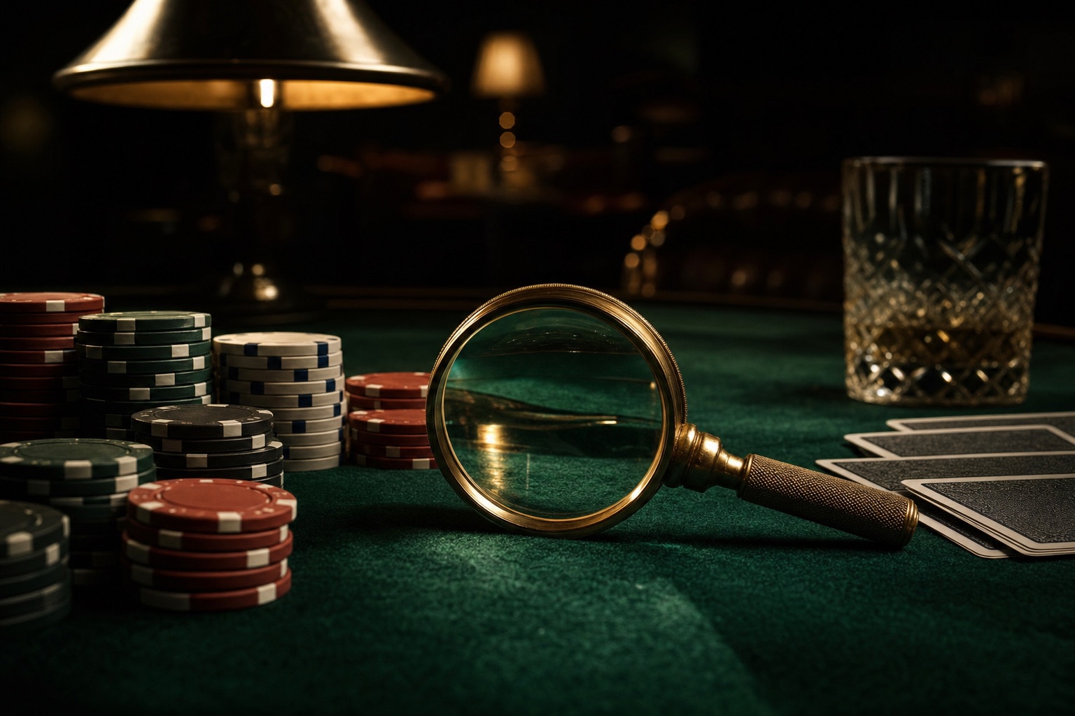 Goldene Lupe auf grünem Casino-Filz, umgeben von Pokerchips und Spielkarten