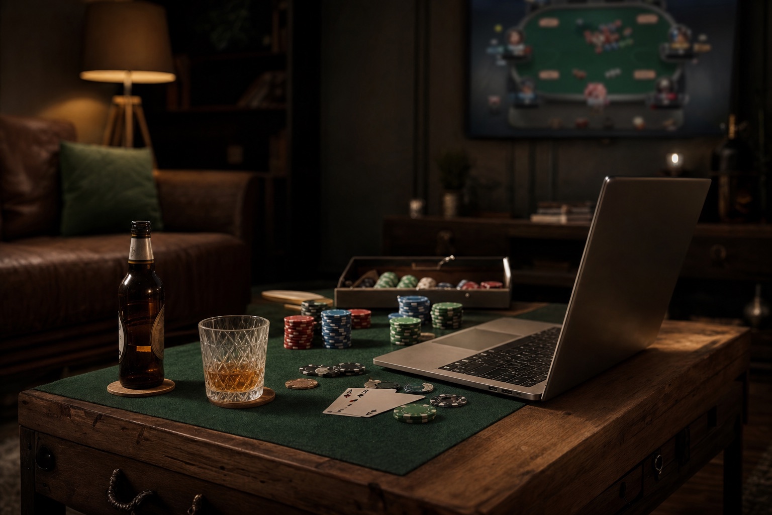 Entspannte Spielrunde am Wohnzimmertisch mit Laptop und Pokerchips