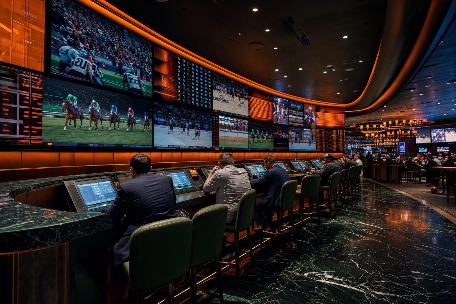 Moderne Sportwetten-Lounge mit orange beleuchteter digitaler Anzeigetafel