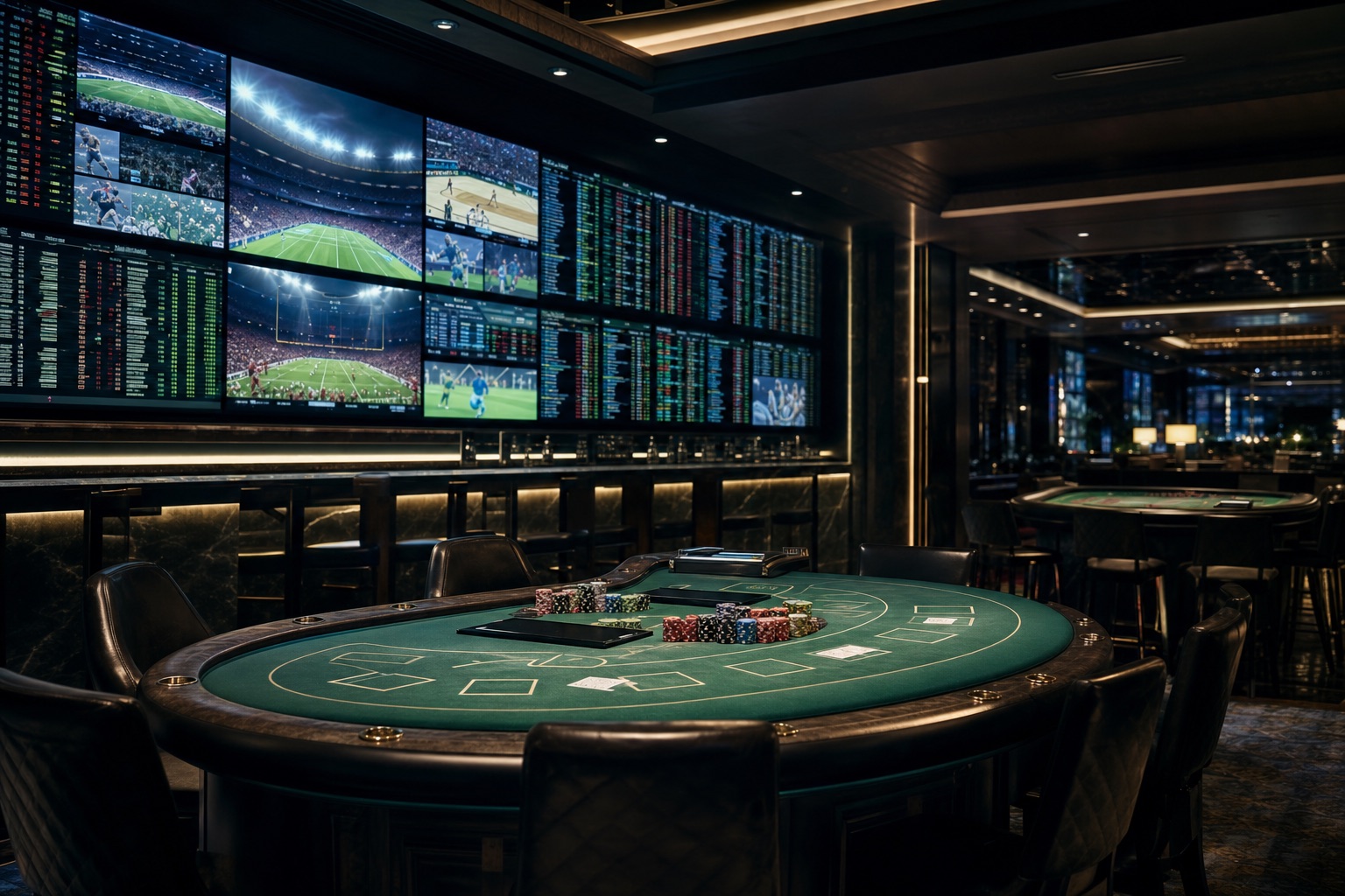 Sportwetten-Lounge mit leuchtenden Quotentafeln und einem Kartentisch