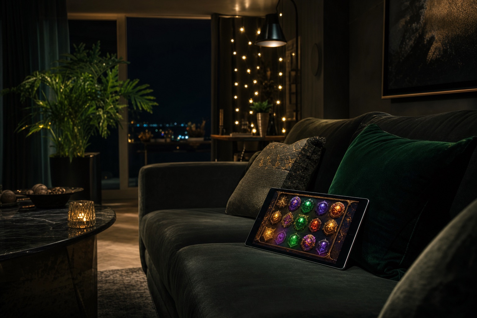 Gemütliches Wohnzimmer mit Tablet auf dem Sofa, das bunte Spielsymbole zeigt