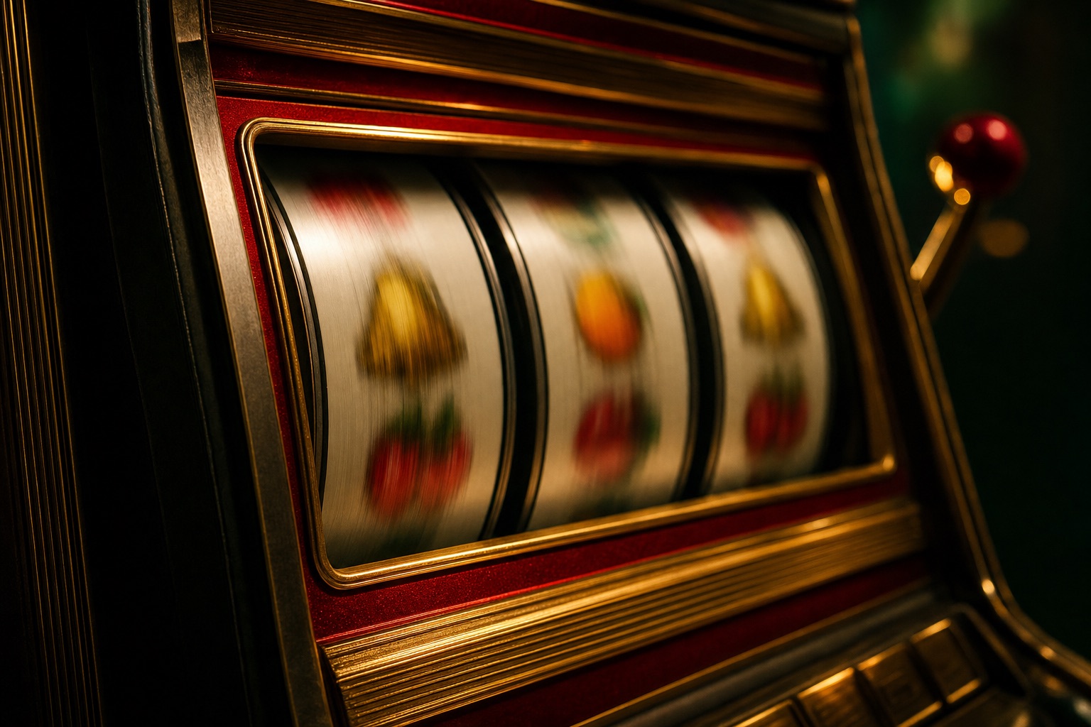 Nahaufnahme einer rot-goldenen mechanischen Slot-Walze in Bewegung