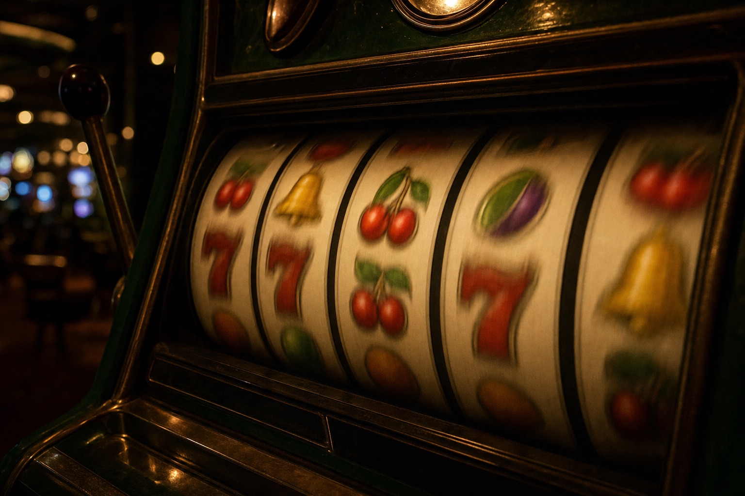 Nahaufnahme klassischer Obst-Slot-Walzen mit Kirschen- und Glockensymbolen