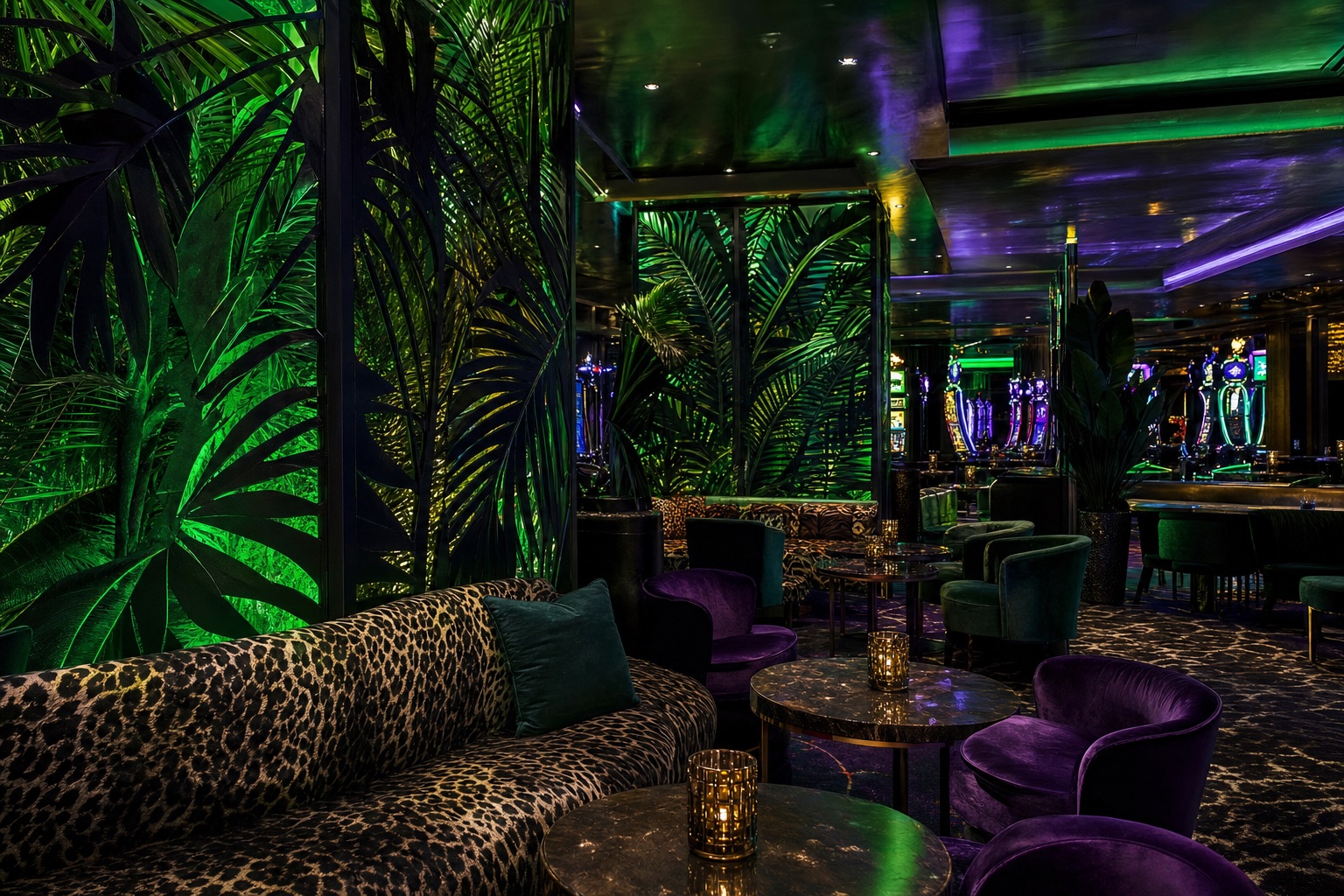 Dschungel-inspirierte Casino-Lounge mit Neonlicht und Spielautomaten