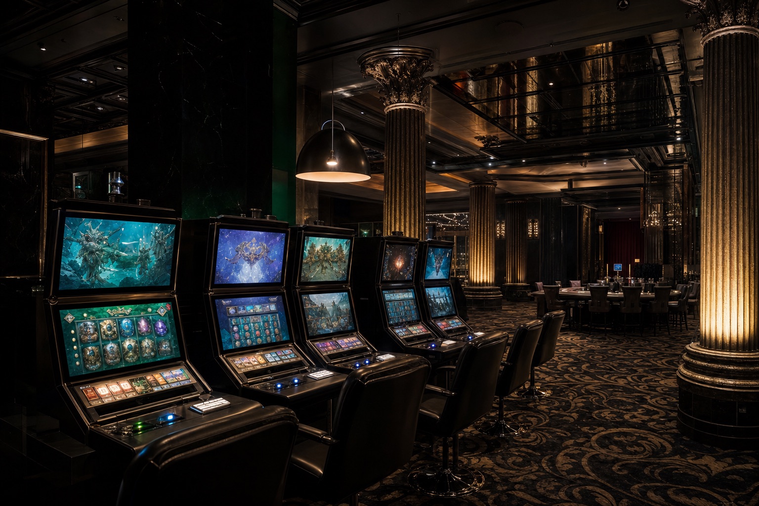 Reihe beleuchteter Casino-Spielterminals in einer eleganten dunklen Spielhalle