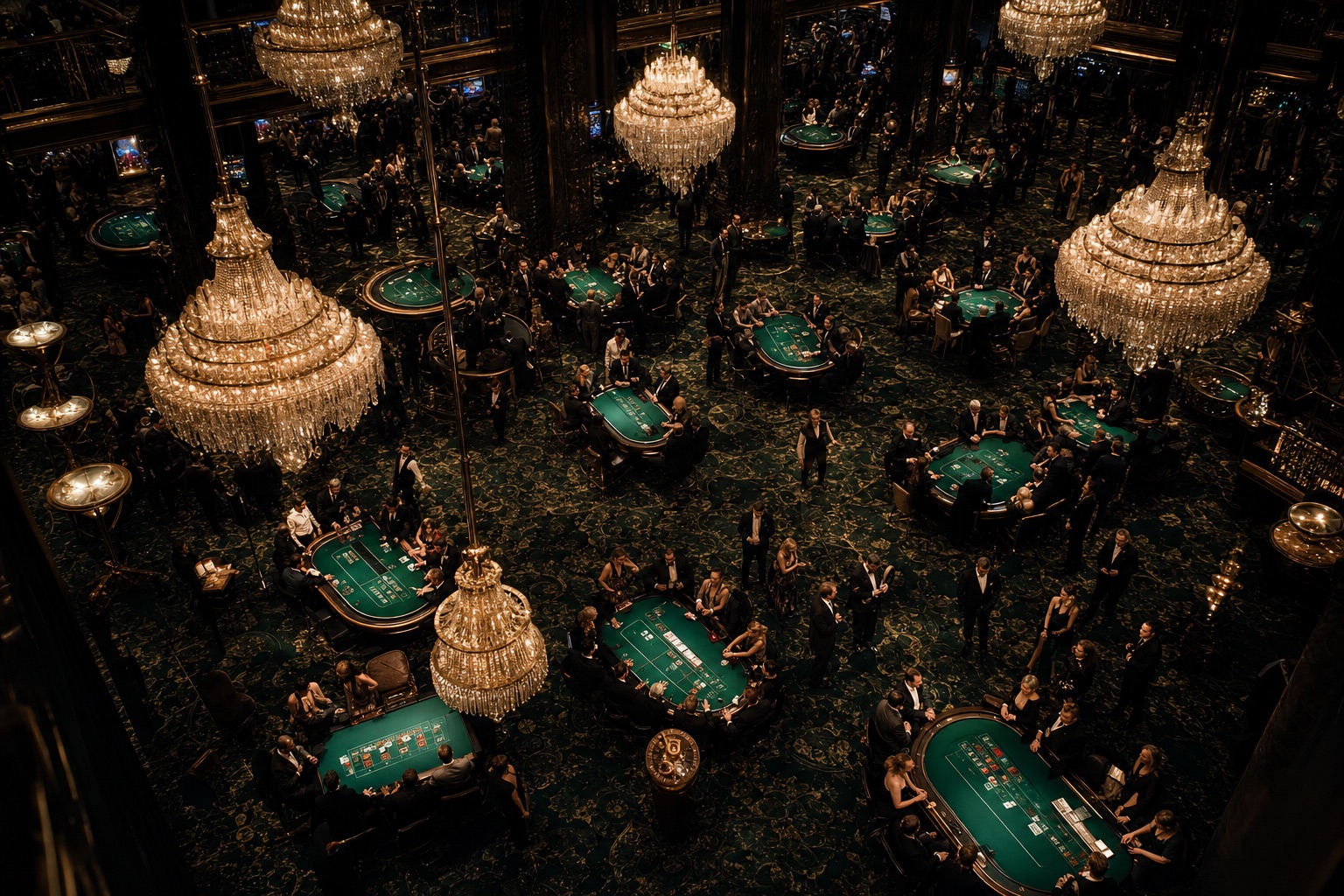 Luftaufnahme eines herrschaftlichen Casino-Spielsaals bei Nacht mit grünen Spieltischen und Kristallleuchtern