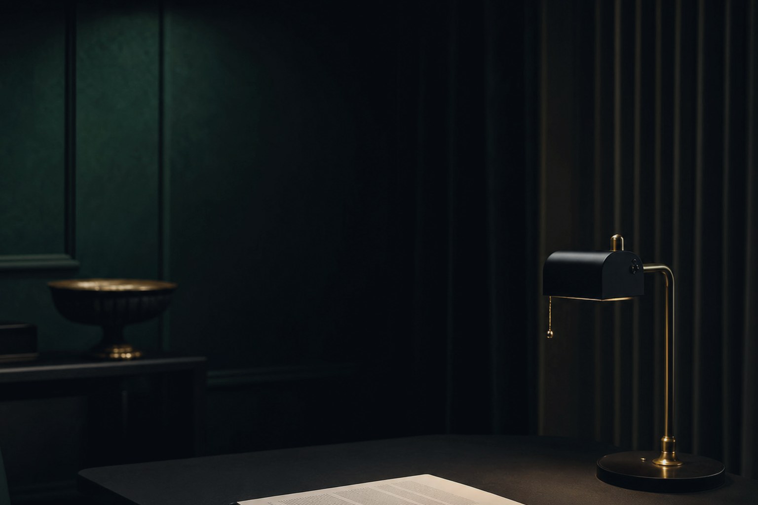 Dunkles Büro mit Messing-Schreibtischlampe und Dokument, goldene Schale im Hintergrund