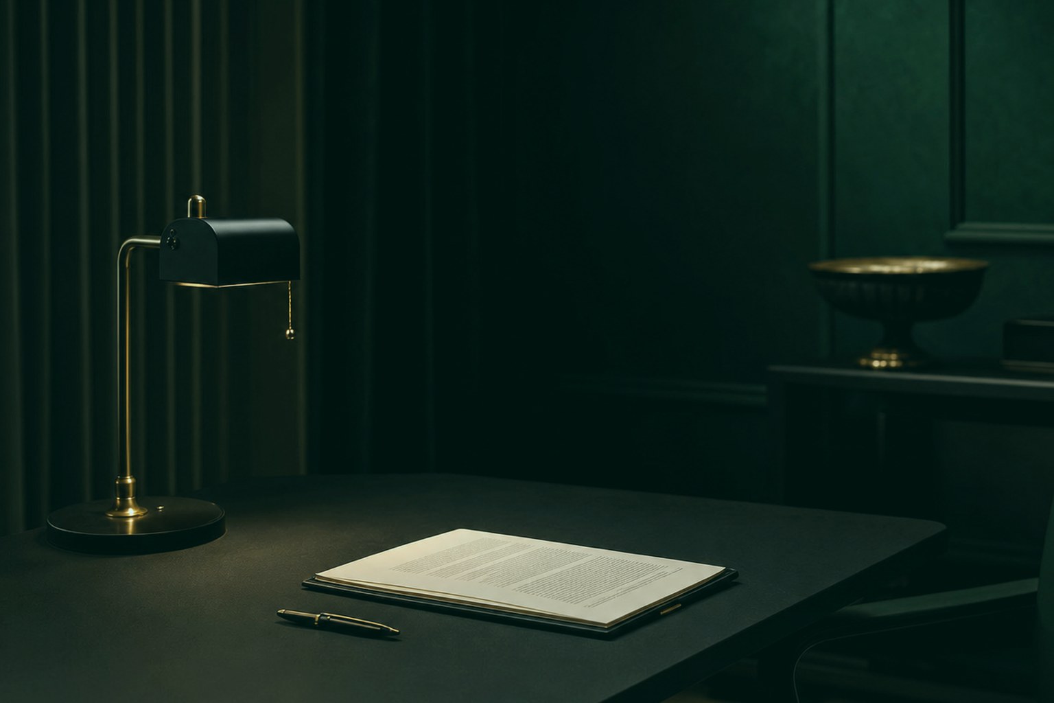 Dunkler Schreibtisch mit Messinglampe und aufgeschlagenem Dokument in gedämpftem Licht
