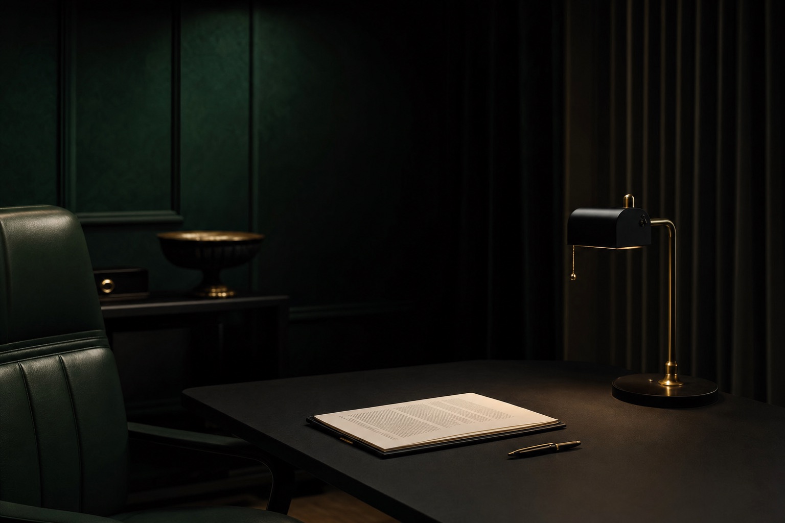 Minimalistischer dunkler Schreibtisch mit aufgeschlagenem Rechtsdokument, Stift und kleiner Lampe