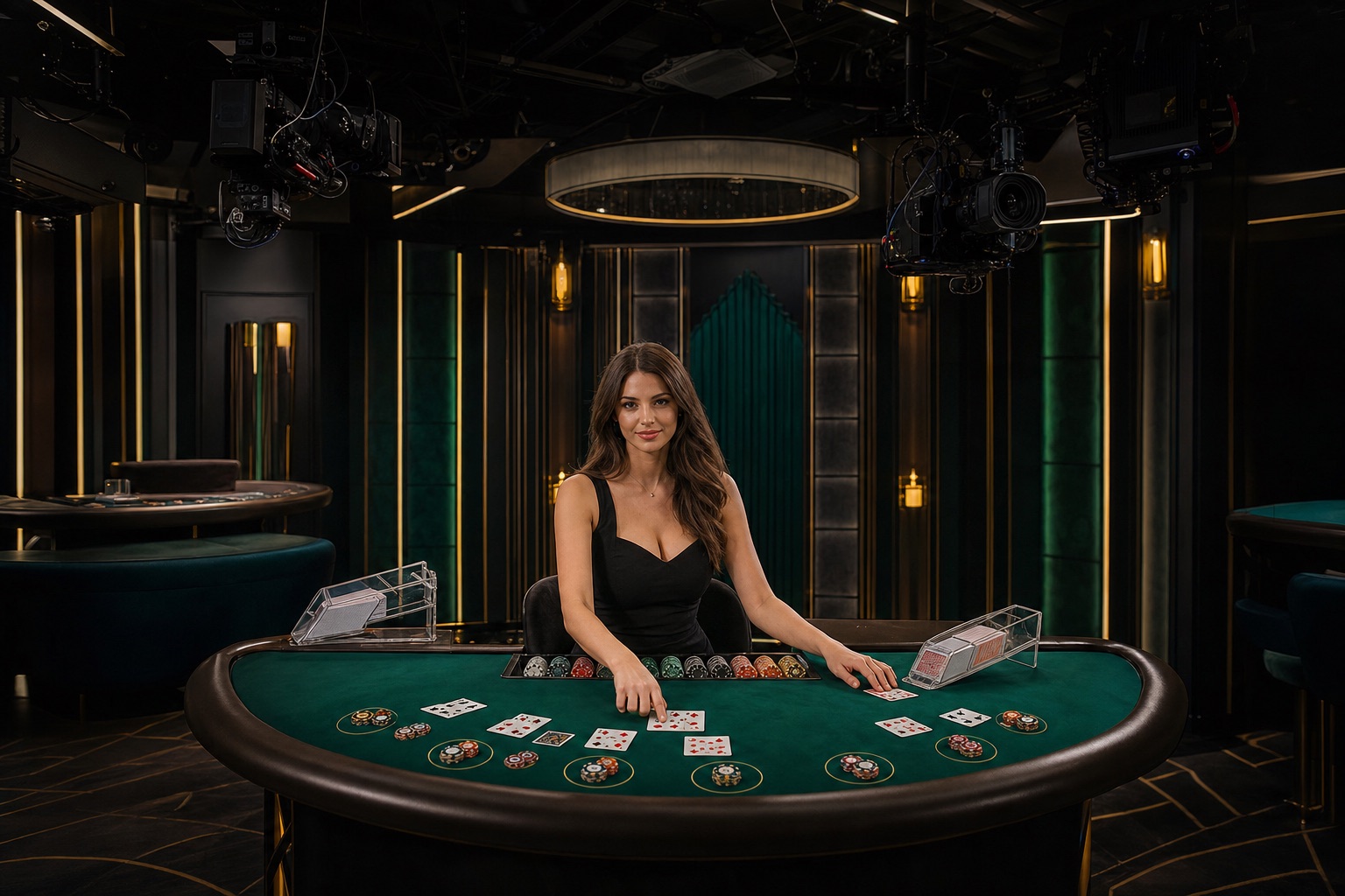 Professionelles Live-Dealer-Studio mit einer Dealerin an einem Blackjack-Tisch und Kameras