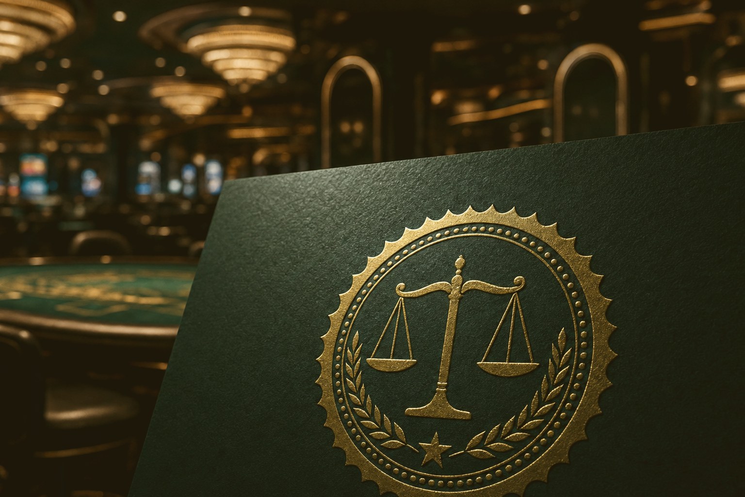 Goldgeprägtes Regulierungssiegel mit Waage auf grünem Papier vor unscharfem Casino-Spielsaal