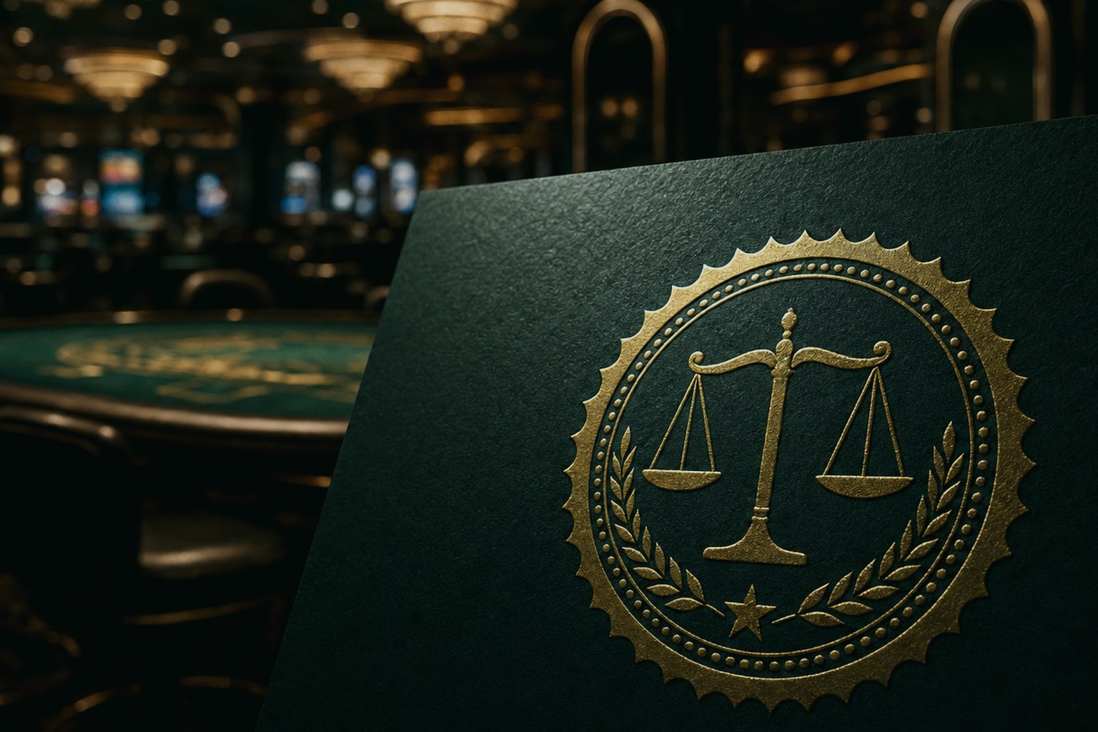 Goldgeprägtes Regulierungssiegel mit Waage der Gerechtigkeit vor einem beleuchteten Casino-Saal