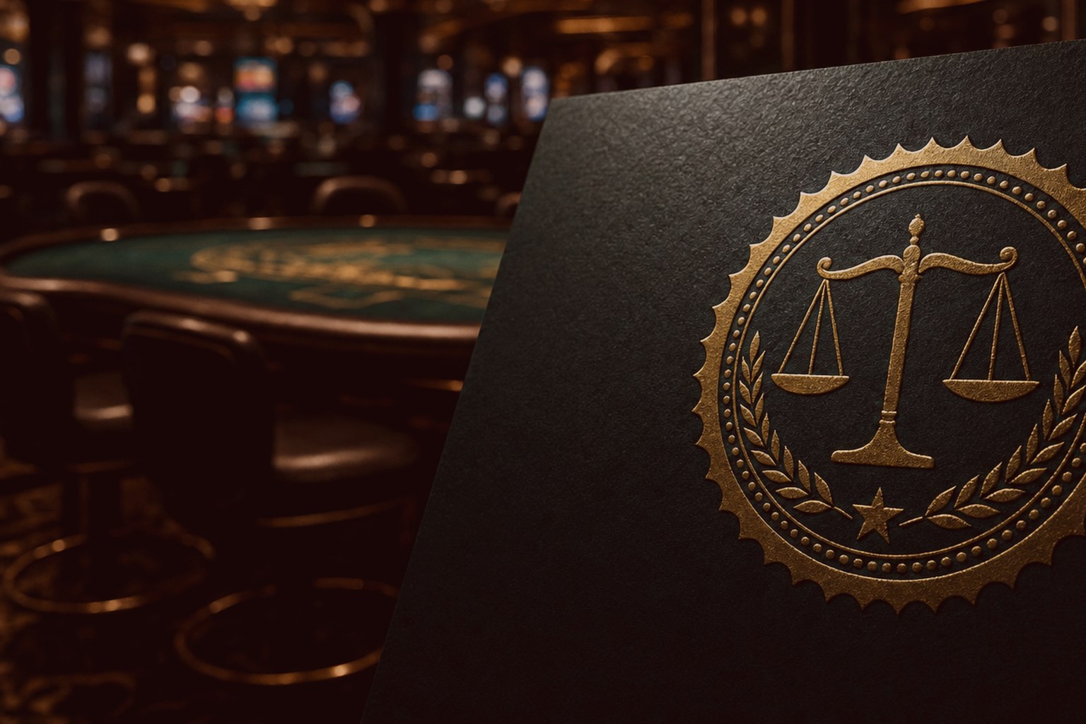 Schwarzes Dokument mit goldgeprägtem Gerechtigkeits-Siegel vor einem leeren Casino-Spieltisch