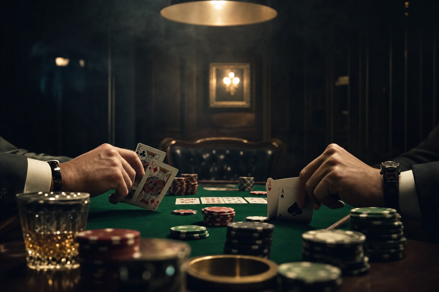 Pokerspiel mit hohen Einsätzen: zwei Spielerhände halten Karten über grünem Filz neben Pokerchips