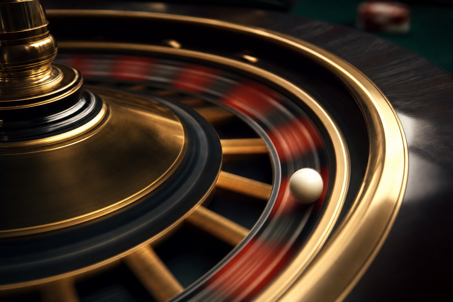 Extreme Nahaufnahme eines sich drehenden Roulette-Rads mit weißer Kugel in Bewegung