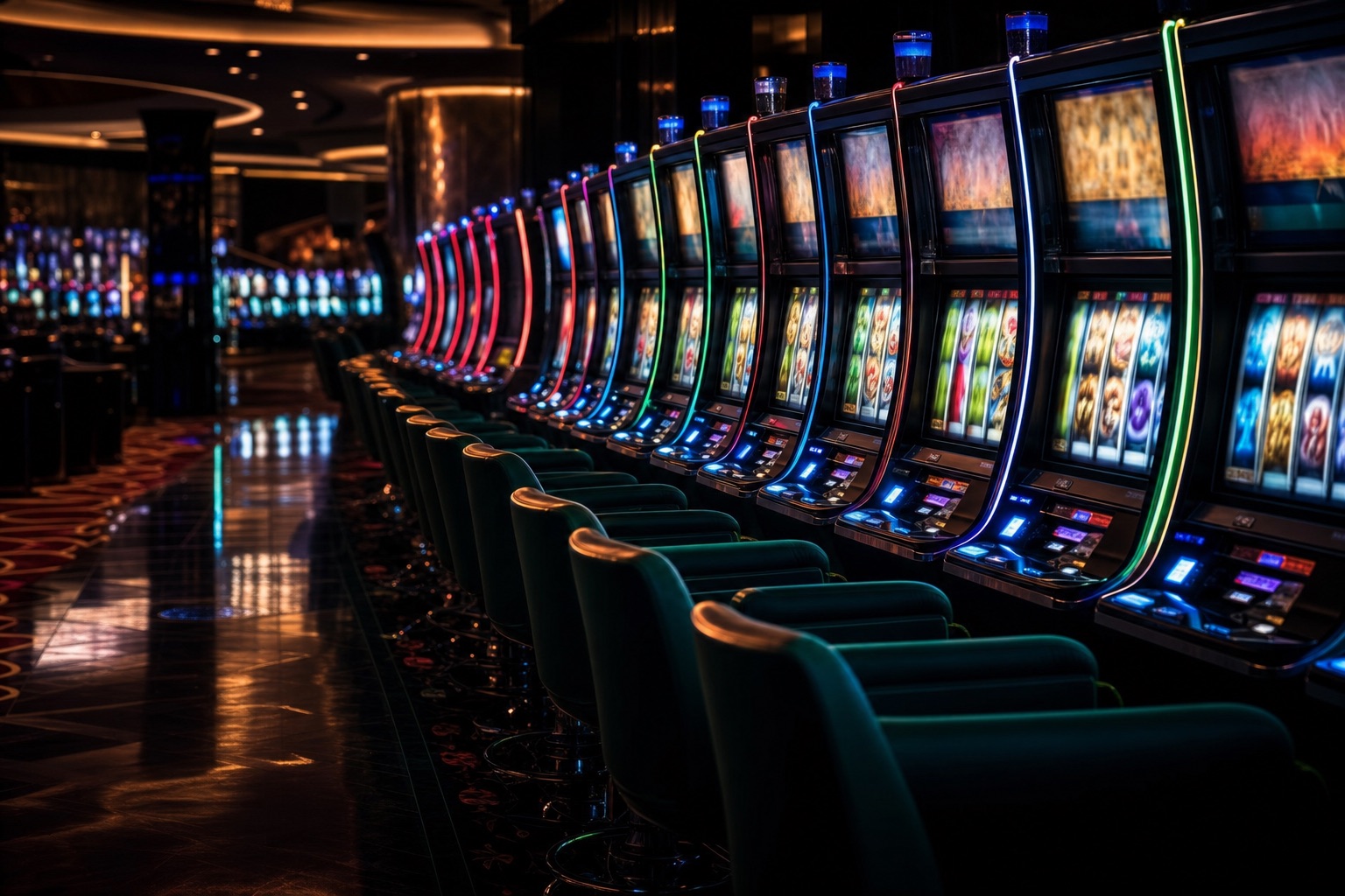 Lange Reihe bunt beleuchteter Spielautomaten in einem dunklen Casino mit Neonreflexionen