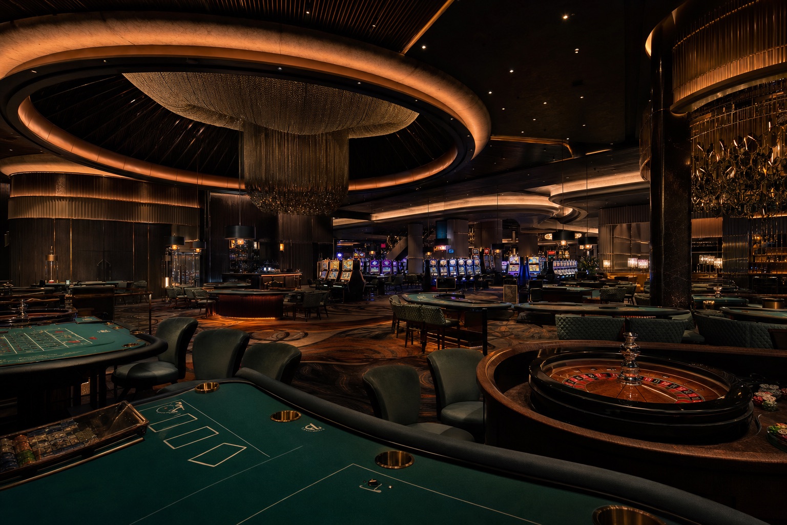 Panoramablick auf einen Casino-Boden mit Blackjack-Tischen, Roulette-Rädern und Spielautomaten