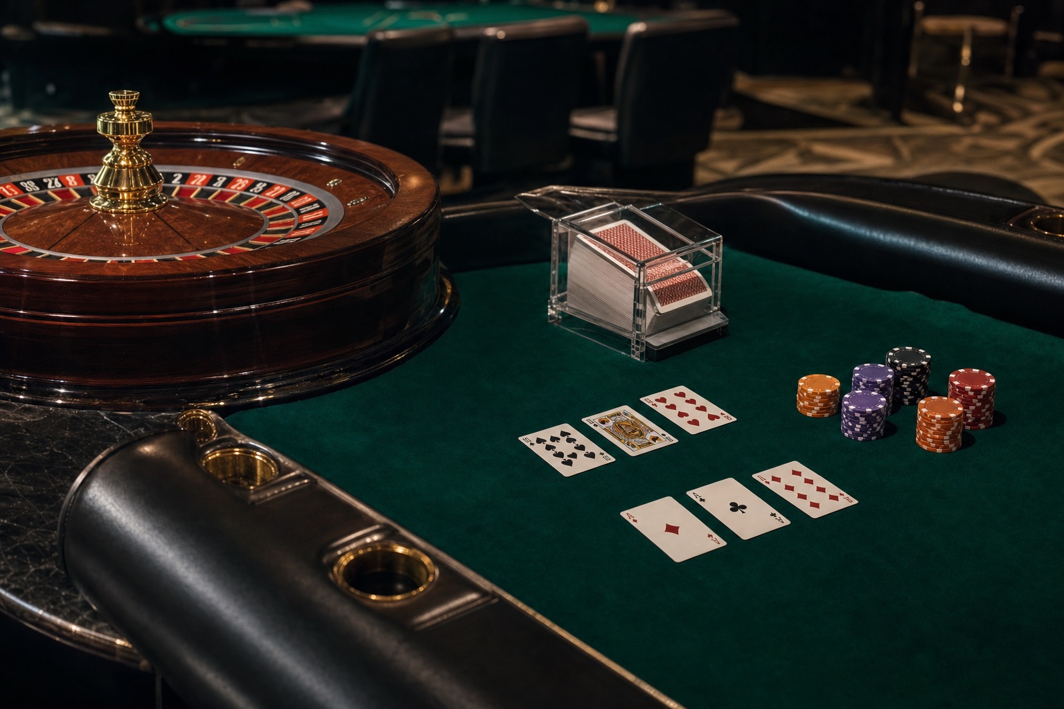 Casino-Tischspiele im Überblick: Roulette-Rad links, Baccarat-Kartenschuh mittig, Pokerchips rechts