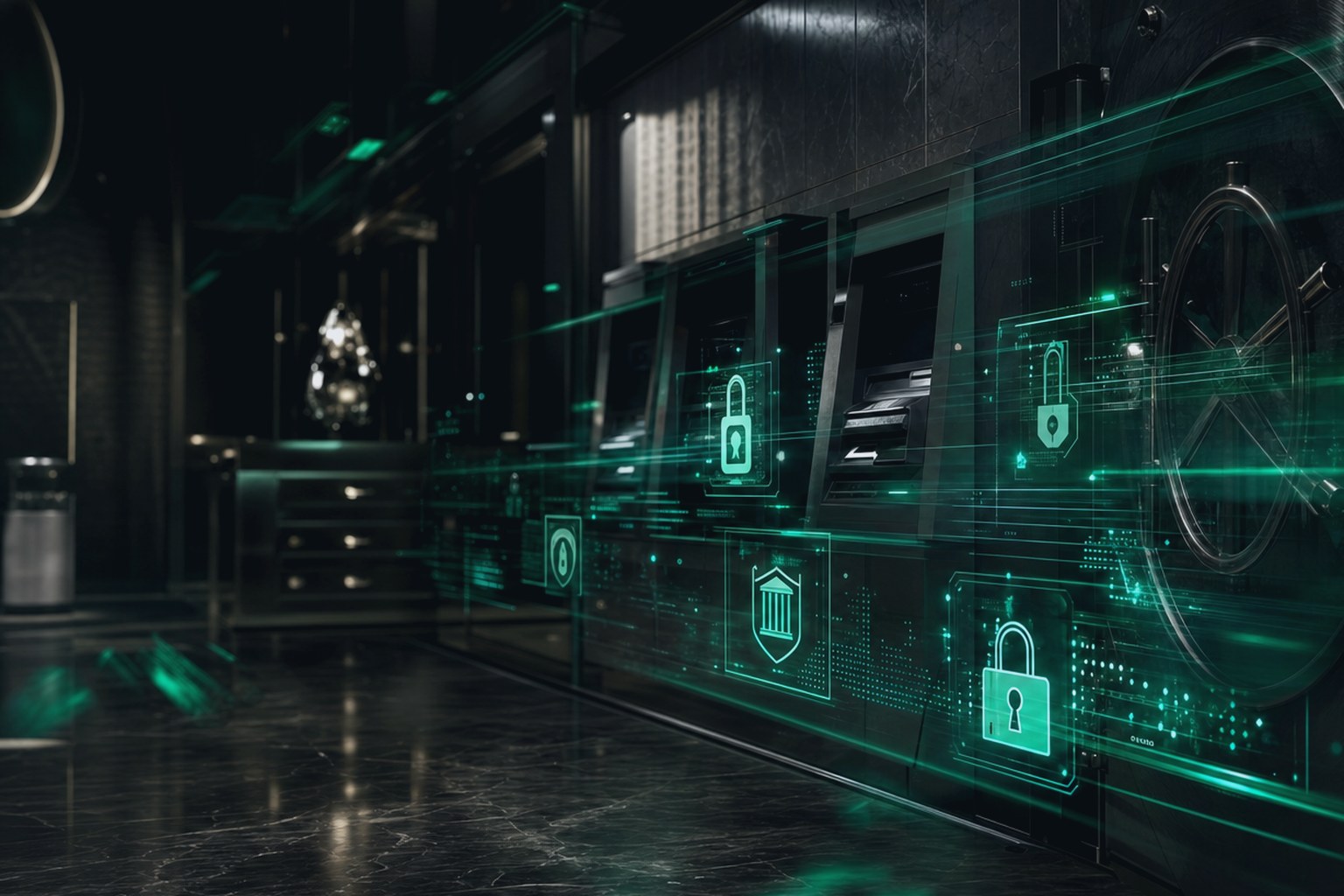 Bankschalter-Szene mit digitalen Schloss-Symbolen und einer Tresortür im Hintergrund