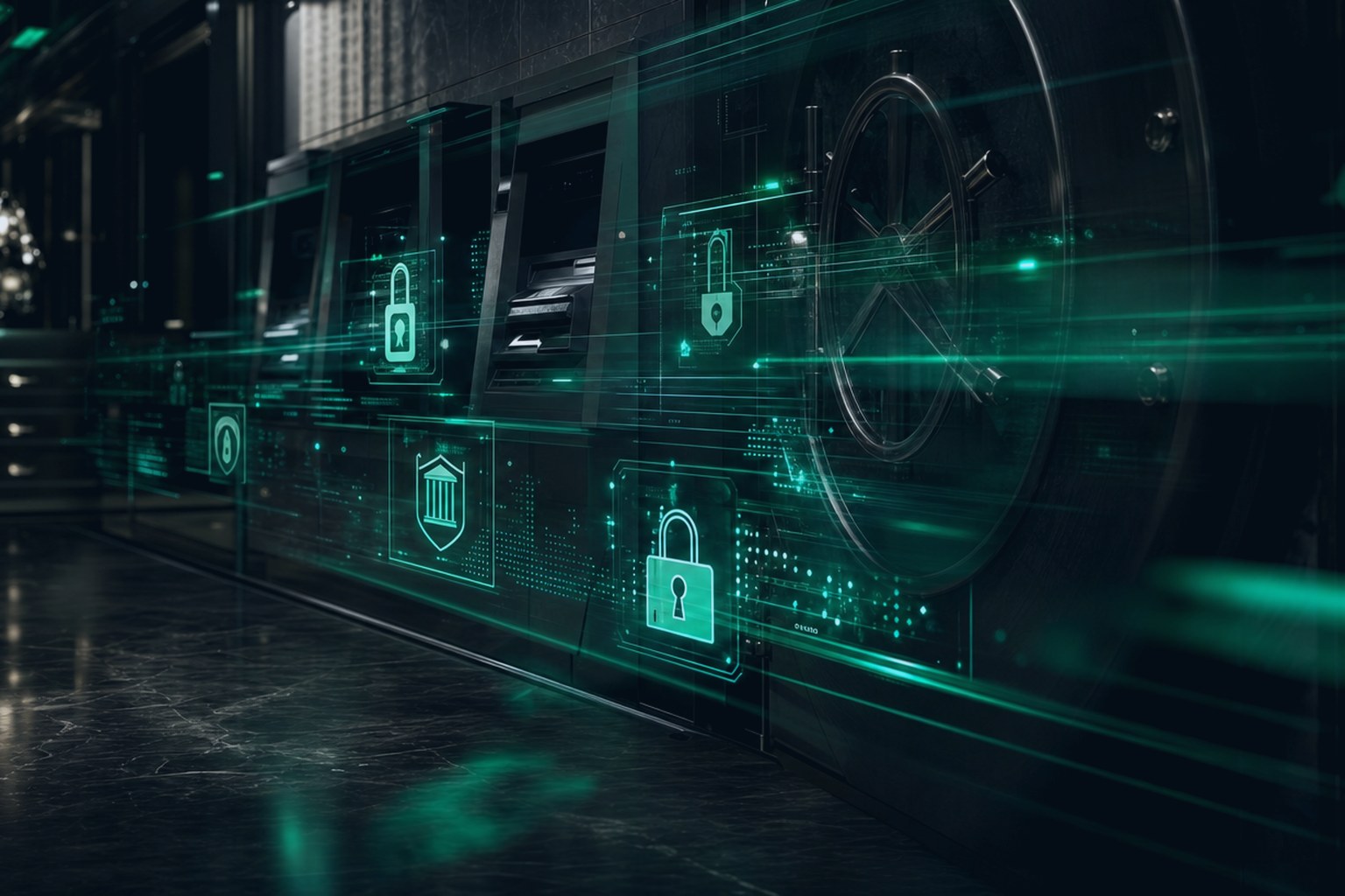 Digitale Sicherheits-Icons mit Vorhängeschlössern vor einer massiven Banktresortür
